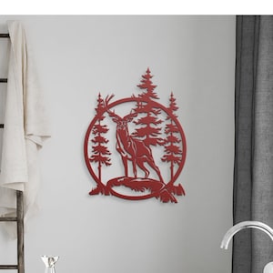 Elk In Trees Steel Sign Cut Out Wildlife Woods Scene Bull Elk Standing in Trees Wall Decor Lodge Wall Decorations for Outdoorsmen Gift Idea