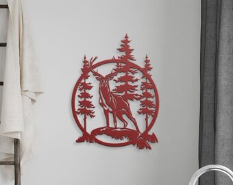 Elk In Trees Steel Sign Cut Out Wildlife Woods Scene Bull Elk Standing in Trees Wall Decor Lodge Wall Decorations for Outdoorsmen Gift Idea