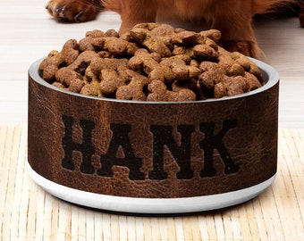 Benutzerdefinierte Haustier Name Schüssel Durable Edelstahl Leder Branded Look mit dem Namen des Haustieres, Familienmarke oder benutzerdefinierten Spruch Wasserschale