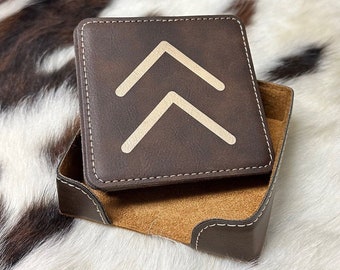 Personalized Coaster Set CUSTOM CATTLE BRAND Laser Engraved Faux Leather 6 Coaster Set with Holder Custom Rancher Brand Gift for Ranch