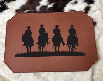 Napperon en cuir Silhouette cowboy Napperons bohèmes occidentaux en cuir gravés au laser Porte-places de Table Décoration de table Lodge rustique