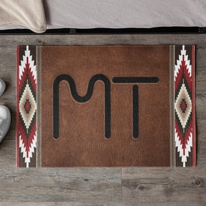 CUSTOM CATTLE BRAND Aztec Area Rugs Southwestern Style Branded Stamped Leather Look Personalized Branding Iron Living Room Ranch House Decor