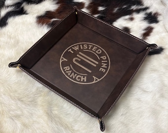 Rustic Snap Up Catch All Tray Laser Engraved PERSONALIZED Family Cattle Brand and Ranch Name Metallic Gold Leather Accessories for Him