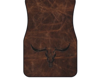 Longhorn Printed Branded Leather Pattern Heavy Duty Western Universal Car Floor Mats Texas Longhorn Design Rustic Truck Accessories