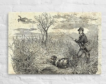 Duck Hunting Waterfowl Vintage Etched Style Distressed Art Wall Stretched Canvas Retro Hunting Dog Wall Decor for Hunters Upland Bird Hunt