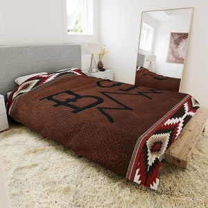 CATTLE BRAND Duvet Cover Custom Designed With Your Livestock Brand Aztec and Leather Pattern Printed Cover For Rustic Western Theme Bedroom