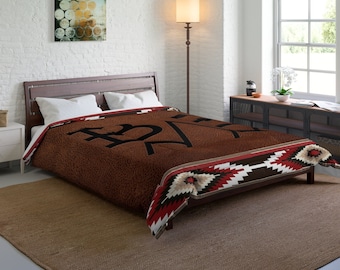 PERSONALIZED CATTLE BRAND Bed Comforter Aztec Southwestern Western Theme Bedroom Rustic Leather Branded Design Ranches Custom Blanket