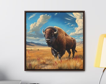 Galleria di dipinti di bisonti Avvolgimento su tela con cornice quadrata in legno Bufalo americano Grandi pianure Pittura occidentale Decorazione da parete rustica da cowboy occidentale
