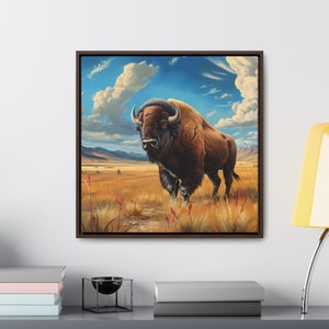 Galería de pintura de bisontes Envoltura de lienzo con marco de madera cuadrado Búfalo americano Grandes llanuras Pintura occidental Decoración de pared de vaquero occidental rústico