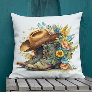 Cowboy Boots Flower Bouquet Premium Pillow Farmhouse Ranch Couch Throw Pillows