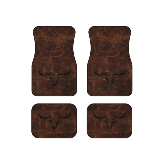 Longhorn Skull Set of 4 Universal Car Mats Rustic Western Truck Accessories Front and Back Four Door Floor Mats Cowboy Gift Idea for Pick Up
