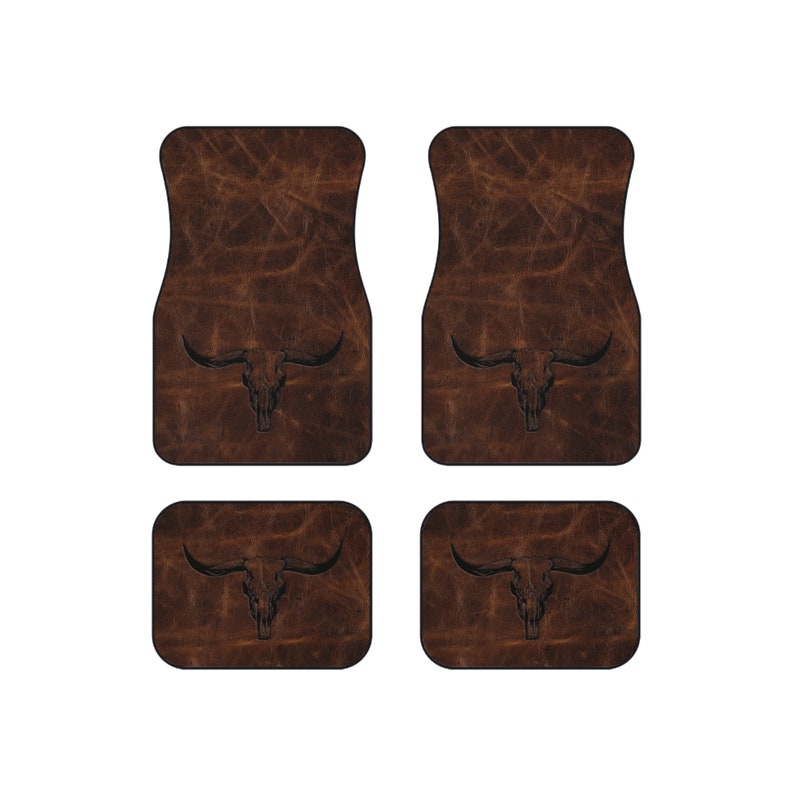 Longhorn Skull Set of 4 Universal Car Mats Rustic Western Truck Accessories Front and Back Four Door Floor Mats Cowboy Gift Idea for Pick Up image 1