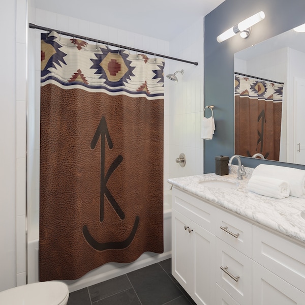 CUSTOM CATTLE BRAND Personalisierte rustikale Western Duschvorhang Blau & Rot Azteken Cowboy Ranch Haus Badezimmer Dekor Livestock Brand Home Decor