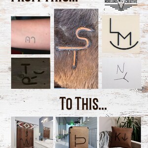 May include: A collage showing the transformation of branding marks to various products. The image includes a tattoo, a brand on animal fur, and other marks. The final products include a shower curtain, a suitcase, and a throw pillow.