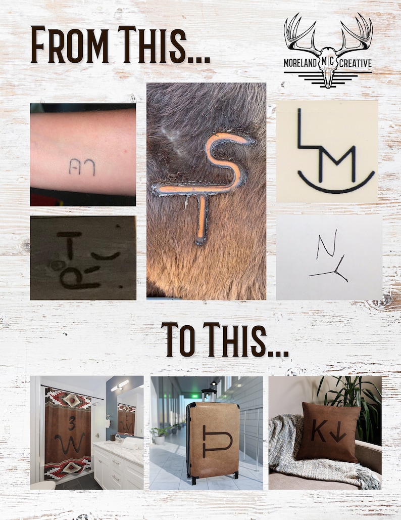 May include: A collage showing the transformation of branding marks to various products. The image includes a tattoo, a brand on animal fur, and other marks. The final products include a shower curtain, a suitcase, and a throw pillow.