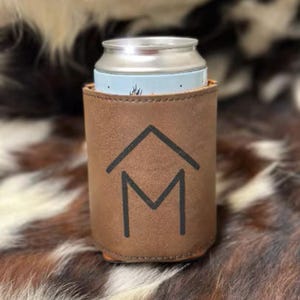 Leather Cattle Brand Custom Personalized Leather Beer Holder Western Country Gift for Ranchers Insulated Beverage Holder