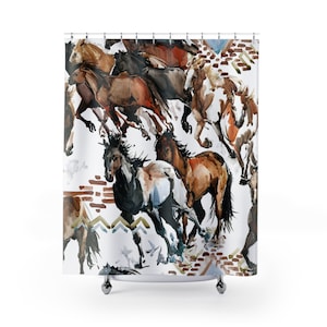 Western Rustic Horse Shower Curtain Bathroom Decor Watercolor Style Aztec Abstract Equestrian Southwestern Indian Paint Horse Design