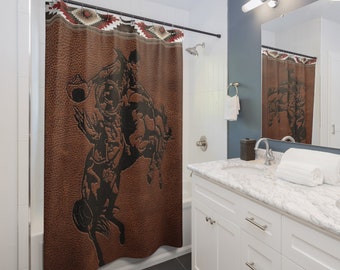 Vintage Cowboy Shower Curtain Old Time Bronc Rider Rodeo Leather Looking and Aztec Pattern Ranch House Country Western Bathroom Decor