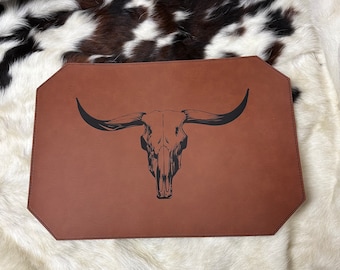 Longhorn Skull Leather Placemat Western Boho Placemats Laser Engraved Leather Dining Room Table Place Holders Rustic Farmhouse Table Decor