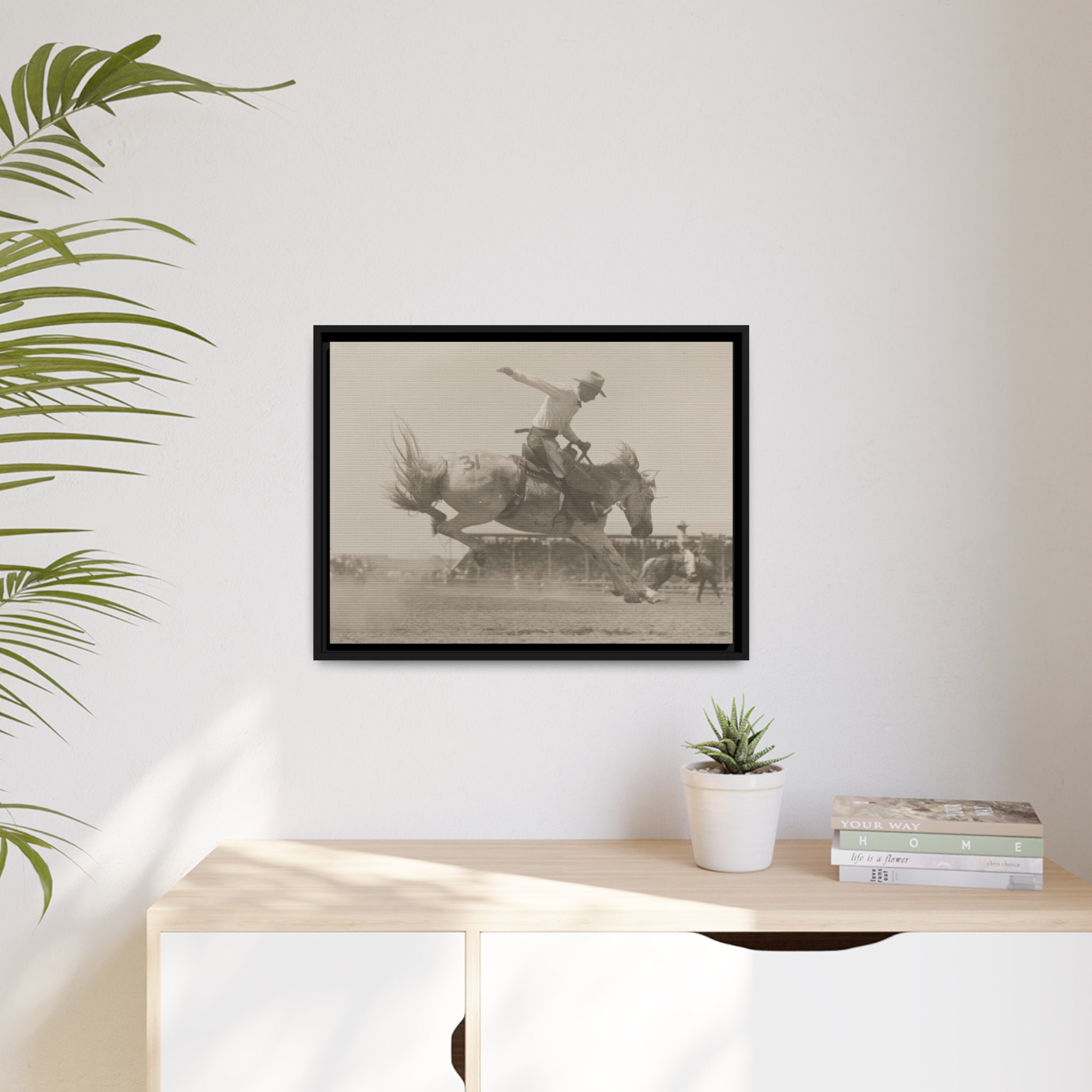 Cowboy Bronc Riding Rodeo Photo Black Framed Canvas Vintage Wall Art ...