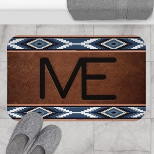 CUSTOM CATTLE BRAND Blue Aztec Leather Pattern Bath Mat Western Bathroom Home Decor For Ranch House and Farmhouse Southwestern Decor