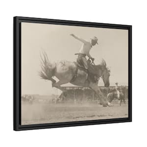 Cowboy Bronc Riding Rodeo Photo Black Framed Canvas Vintage Wall Art Old Time Retro Photography of Nebraska Bucking Bronco Burwell Rodeo