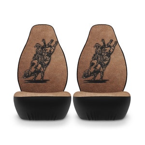 Bull Rider Rodeo Seat Covers Cattle Brand Leather Print Pattern Polyester Universal Car Seat Covers Western Rustic  Cowboy Truck Gift Idea
