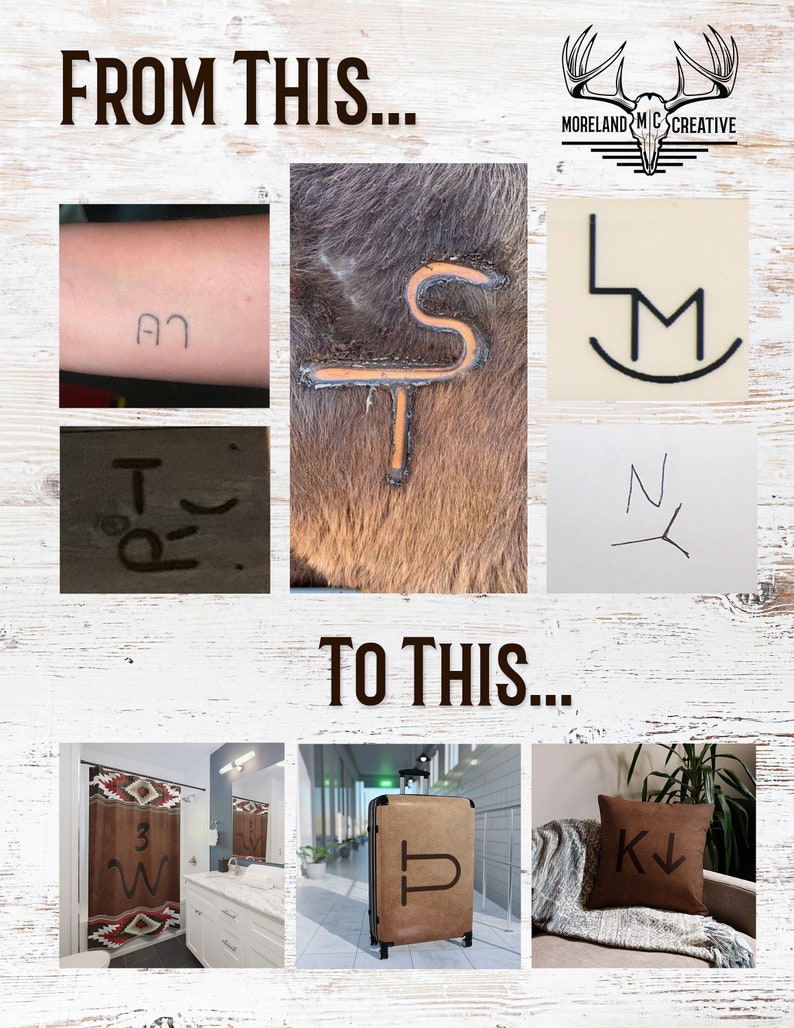 May include: A collage showing branding marks and their transformation into products. The top half displays various brands, including a tattoo and a brand on animal fur. The bottom half shows a shower curtain, a suitcase, and a pillow with the brands.