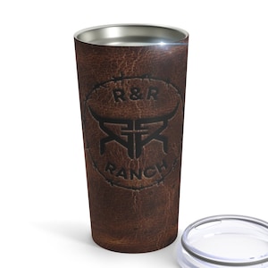 CUSTOM CATTLE BRAND Branded Leather Looking Rustic Western 20oz Tumbler with Lid Personalized Stainless Steel Full Printed Logo or Brand Cup