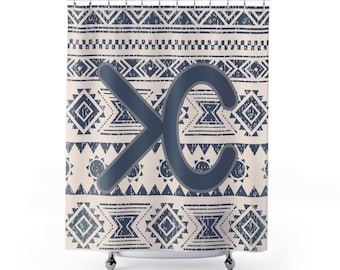 May include: A shower curtain with a blue and white geometric pattern. The pattern is a repeating design of triangles, squares, and diamonds. The shower curtain has a large blue "C" in the center.