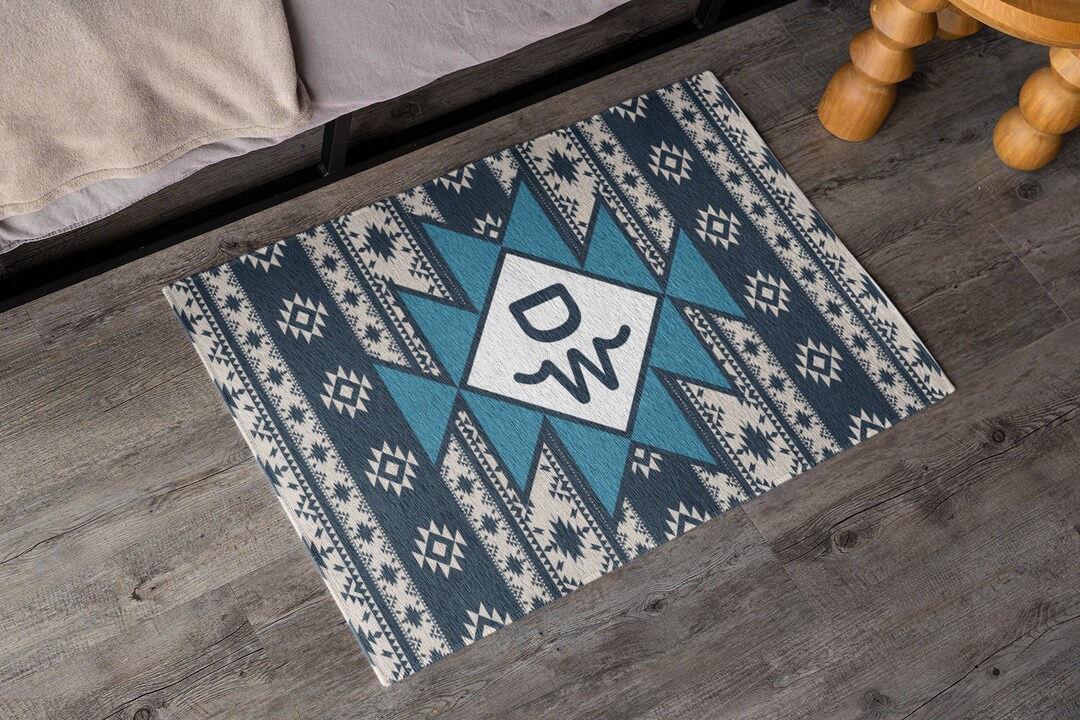 Branded Cattle Rug CUSTOM CATTLE BRAND Aztec Blue Pattern Indoor Western Ranch Boho Area ...
