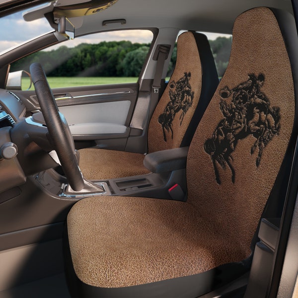 Cowboy Bronc Rider Retro Stamped Leather Looking Printed Polyester Car and Truck Custom Universal Bucket Seat Covers Ranch Protective Covers