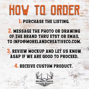 May include: A wooden background with the words "HOW TO ORDER" in orange block letters. Instructions are listed below, including purchasing the listing, messaging the photo, reviewing the mockup, and receiving the custom product. The Moreland Creative logo is at the bottom.