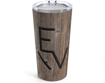Vaso de madera envejecida con la marca CUSTOM CATTLE BRAND, ideal para regalar a vaqueros y rancheros del oeste. Vaso de acero inoxidable con la marca del ganado.