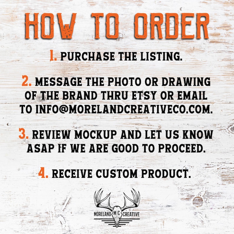 May include: A wooden sign with the words "HOW TO ORDER" in orange block letters. Below, numbered steps explain the ordering process, including purchasing, messaging, reviewing a mockup, and receiving a custom product. The Moreland Creative logo is at the bottom.