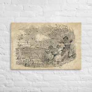Retro Engraved Vintage Distressed Duck Hunting Scene Canvas Wall Decor Antique Artwork of Waterfowl Bird Hunting with Bird Dogs