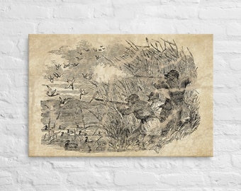 Decoração de parede em tela com cena de caça de pato vintage gravada retrô, arte antiga de caça de aves aquáticas com cães de caça