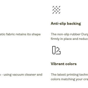 May include: An informational graphic detailing car mat features: 100% polyester surface, anti-slip rubber Durgan backing, easy cleaning with vacuum or cool water, and vibrant colors achieved through advanced printing techniques for bright, crisp designs.