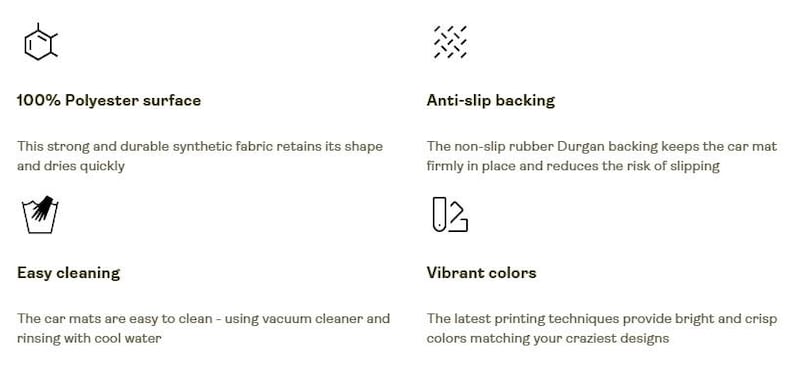 May include: An informational graphic detailing car mat features: 100% polyester surface, anti-slip rubber Durgan backing, easy cleaning with vacuum or cool water, and vibrant colors achieved through advanced printing techniques for bright, crisp designs.
