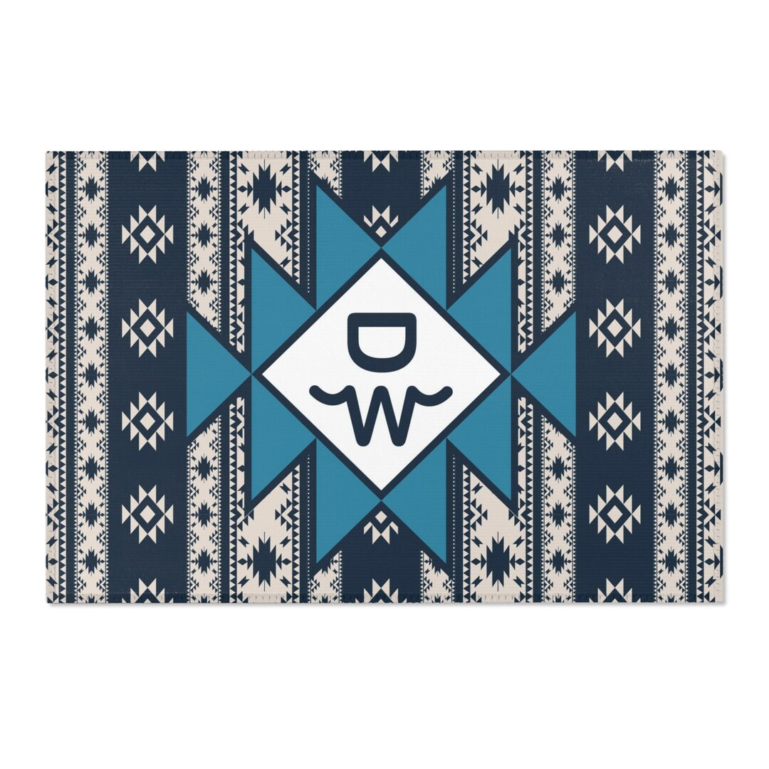 CUSTOM CATTLE BRAND Aztec Blue Pattern Indoor Western Ranch Boho Area ...