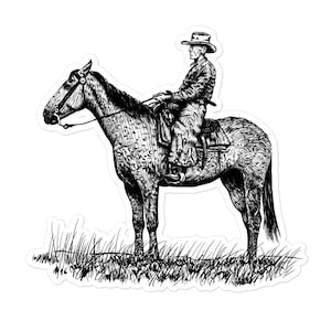Adesivo in vinile da cowboy a cavallo, stile western, rustico, da rancher, da equitazione, vintage, disegnato a mano, autentica opera d'arte da cowboy