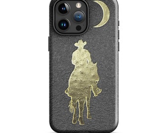 Western Cowboy Moon Gold Leaf Black Leather Looking Printed Rancher Gift Idea Ranch Tough Case for iPhone®