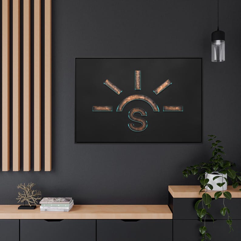 May include: A black and copper-coloured metal wall art piece depicting a stylised sun with the letter "S" in the centre. The sun has a copper-coloured outline and a turquoise-coloured interior.