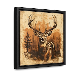 Weißwedelhirsch Retro Vintage Gravierte Galerie Gerahmte Leinwand Wraps Quadratischer Rahmen Naturfreunde Rustikale Hütte Wandkunst Jäger Gestreckte Leinwandkunst