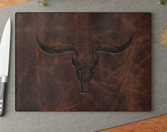 Longhorn Glass Cutting Board Texas Longhorn Skull Cattle Rancher Rustic Kitchen Accessory Western Home Decor Brown Leather Print