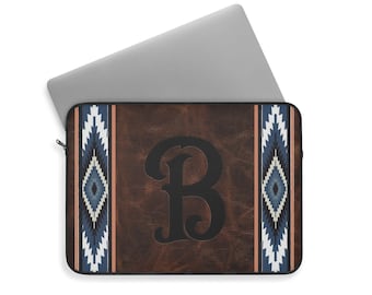 CUSTOM Monogram Printed Dark Leather Blue Aztec Pattern Padded Windows Mac Laptop Sleeve Western Boho Travel Computer Case Sleeve
