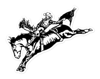 May include: Black and white silhouette of a cowboy riding a bucking bronco. The cowboy is wearing a hat and has his arms outstretched. The horse is rearing up on its hind legs.