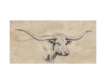 May include: A detailed pen and ink drawing of a longhorn bull. The bull is depicted in profile, with its head and long, curved horns prominently displayed against a textured, tan background. The artwork captures the animal's features with fine lines.