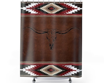 Longhorn Shower Curtain Red Aztec Pattern Ranch Farmhouse Personalized Polyester Shower Curtain Custom Western Bathroom Design Home Decor