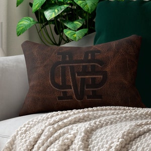 CUSTOM CATTLE BRAND Dark Leather Looking Spun Polyester Lumbar Pillow Rustic Western Rustic Home Decor Throw Pillow Farmhouse Design